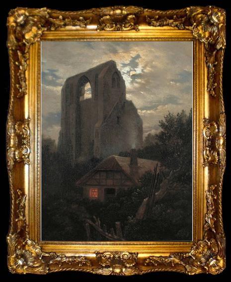framed  Carl Gustav Carus Ruine Eldena mit Hutte bei Greifswald im Mondschein, ta009-2
